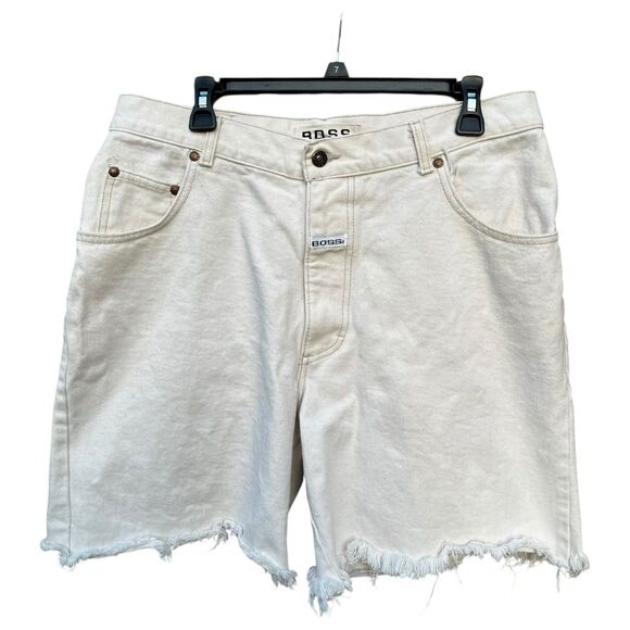 Vintage Boss Shorts Mens 36 White Denim Hip Hop Rap 90s Baggy Spellout Logo Fray - Picture 1 of 16